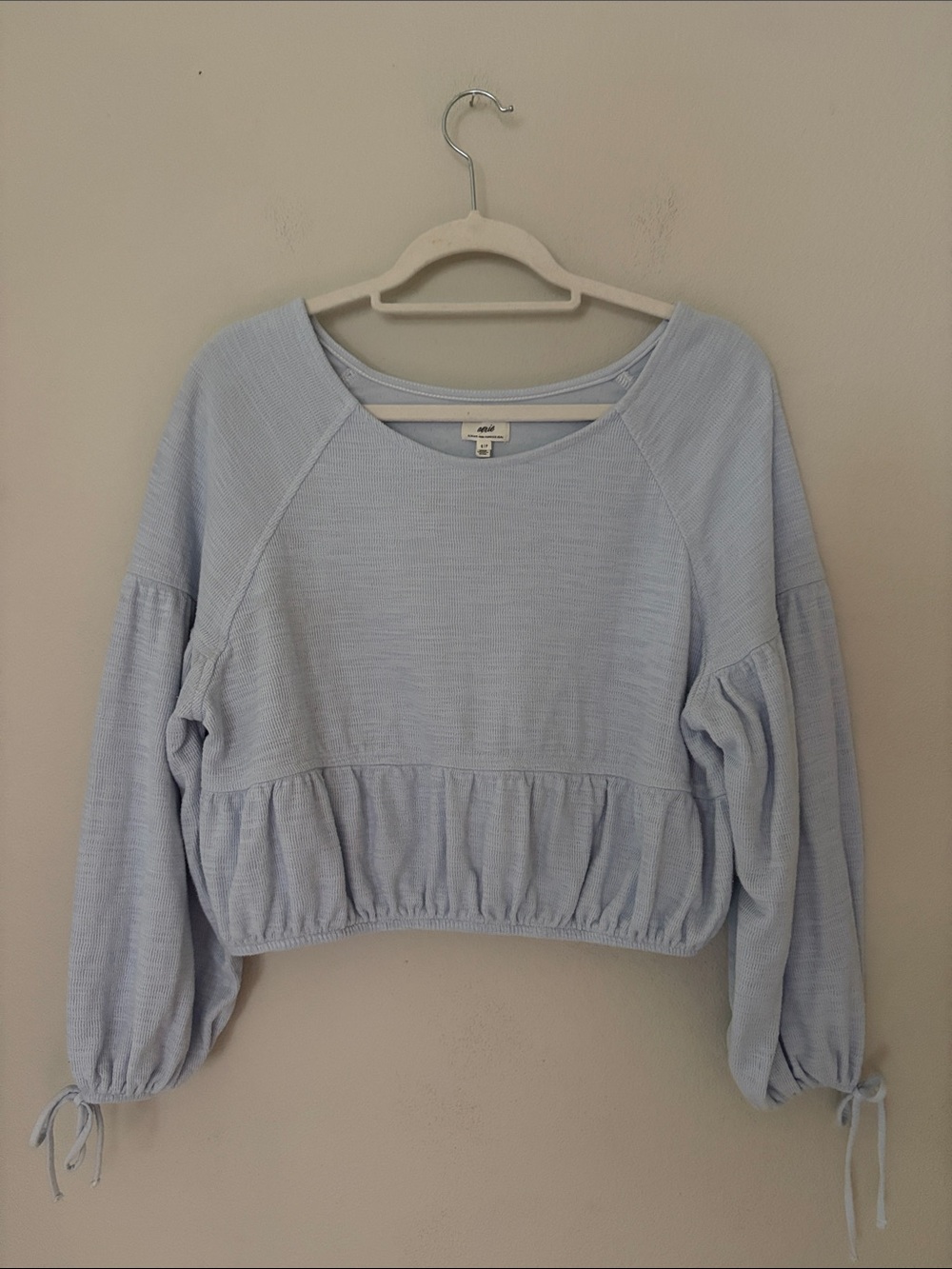 Aerie Textured Knit Cropped Peplum Top Balloon Sleeve Tie Cuff Blue Small Boho